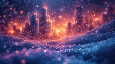 Winter cityscape with snow and falling snowflakes 3d illustrationの素材