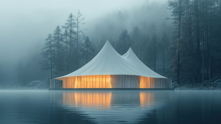 Wooden tent on a lake in a foggy forest. 3d renderingの素材