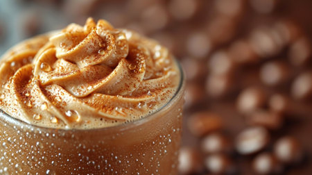 Coffee with whipped cream in a glass cup on brown backgroundの素材