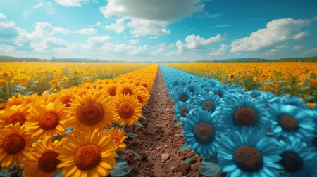 Field of sunflowers and blue sky with clouds, 3d renderの素材