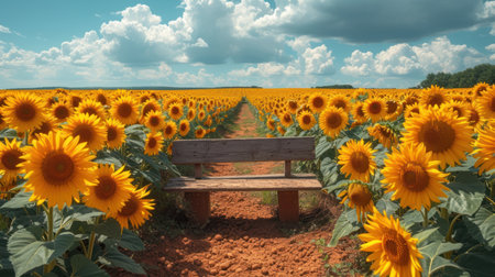 A bench in a sunflower field with a cloudy blue sky.の素材