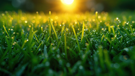 Fresh green grass with dew drops in the morning light. Natural background.の素材