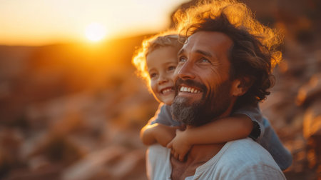 Portrait of a happy father and his son in nature at sunsetの素材