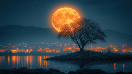 Full moon over a tree on the shore of a lake at nightの素材