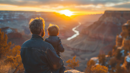 a man holding a small child while looking at the sunset over a canyon with a river running through the mountains behind him and a river running through the valley below. .の素材