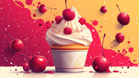 a painting of a cupcake with whipped cream and cherries on a pink and yellow background with sprinkles and sprinkles of red and white. .の素材