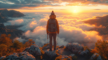 Hiker with backpack standing on the top of the mountain and watching the sunriseの素材