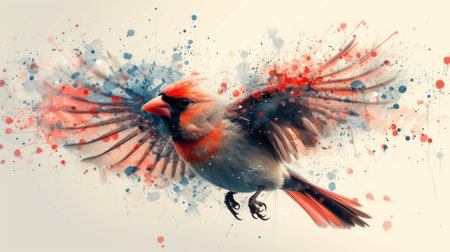 a painting of a bird with red, white and blue feathers flying in the air with red and blue splatters on it&#39;s wings and a white background. .の素材