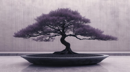 Bonsai tree in pot on concrete wall background. 3D renderingの素材