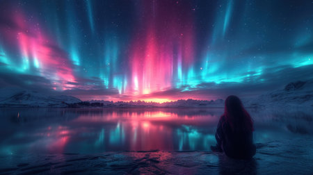 Aurora borealis northern lights over a woman sitting on the shore of a lakeの素材