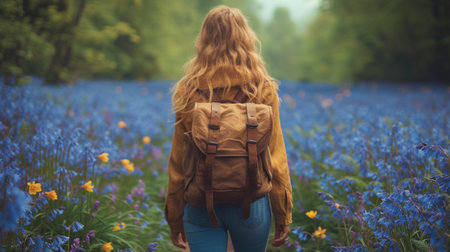 A young woman with a backpack is standing in a field of bluebells.の素材