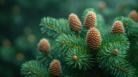 a close up of a pine tree with lots of cones hanging from it&#39;s branches and a blurry background of trees in the backgroupground. .の素材