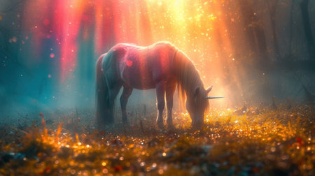 Horse in the forest at night. Fairytale scene. 3D renderingの素材