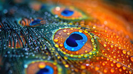 Beautiful peacock feather with water drops close-up macro photographyの素材