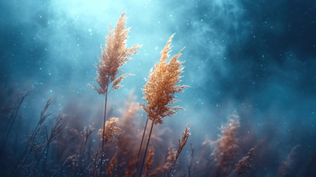 a close up of a bunch of plants with water droplets on the surface of the image and a blue sky in the background with clouds and stars in the foreground. .の素材