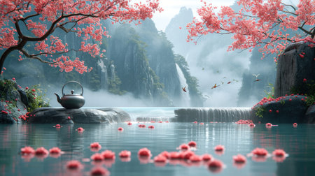Foggy meadow with mountains in the background. 3d renderの素材