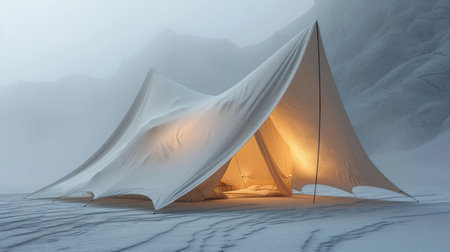 3d rendering of a tent in the desert with mountains in the backgroundの素材