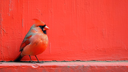 Male Northern Cardinal (Cardinalis cardinalis) on a red wallの素材