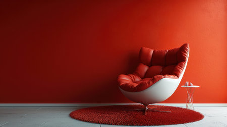a chair sitting on top of a red rug next to a chair on top of a white table on top of a red rug in front of a red wall. .の素材