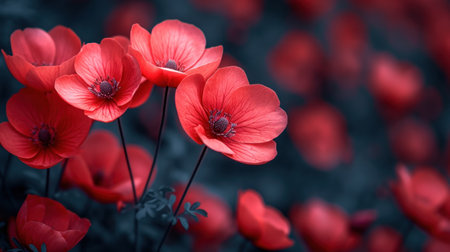 a group of red flowers sitting on top of a field of red poppies in the middle of a field of red flowers in the middle of the middle of the day. .の素材