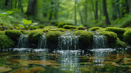a stream of water running through a forest filled with lots of green moss growing on the side of a lush green forest filled with lots of leafy green trees. .の素材