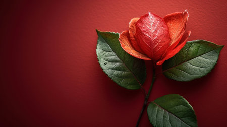 a single red rose sitting on top of a green leafy stem on a red wall with a green leafy stem sticking out of the center of the flower. .の素材