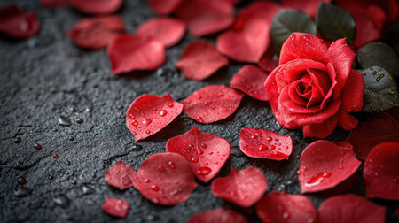 a close up of a red rose on a black surface with drops of water on the petals and on top of the petals are green leaves and on the ground. .の素材