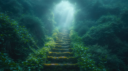 a long set of stairs in the middle of a forest with bright light coming from the top of the stairs and the bottom of the stairs is covered in green foliage. .の素材