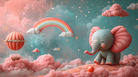 a painting of an elephant in the clouds with a rainbow and a hot air balloon in the sky in the background with clouds and hot air balls in the foreground. .の素材