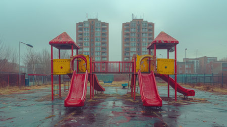 a playground with a red slide and a yellow and red slide in front of two high rise buildings on a rainy day in a parking lot in front of a parking lot. .の素材