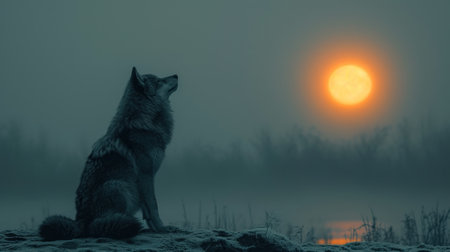 a wolf sitting on top of a snow covered ground next to a body of water with the sun in the sky behind it and a foggy foggy background. .の素材