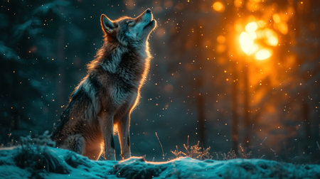 A wolf in the winter forest at sunset. Wildlife scene from nature.の素材