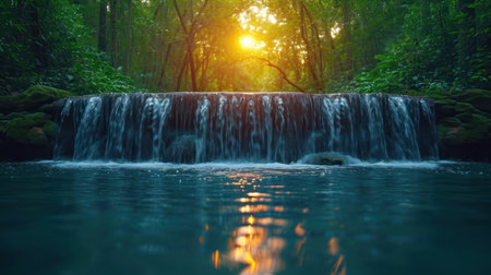 Beautiful waterfall in the forest at sunrise. Nature landscape background.の素材