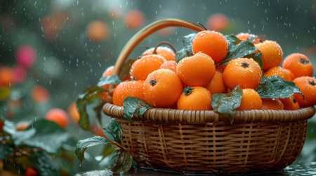 Ripe tangerines in a wicker basket in the rainの素材