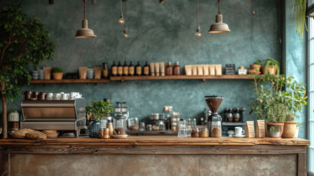 Coffee shop interior with vintage coffee machine and coffee beans. Coffee shop conceptの素材