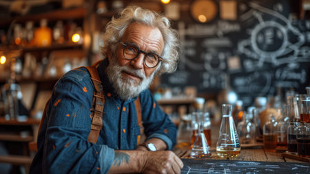 Portrait of a senior man in glasses sitting at the bar counterの素材