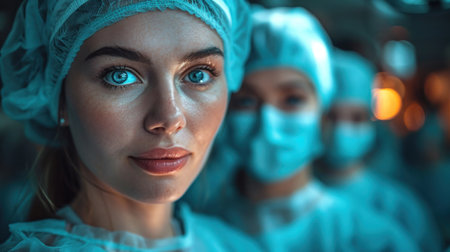 a close up of a woman with a surgical mask on and a man with a surgical mask on behind her and a woman with a surgical mask on behind her. .の素材