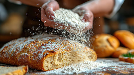 Close-up of female hands kneading bread dough on wooden tableの素材