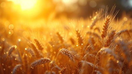 Ears of golden wheat on the field at sunset. Nature backgroundの素材
