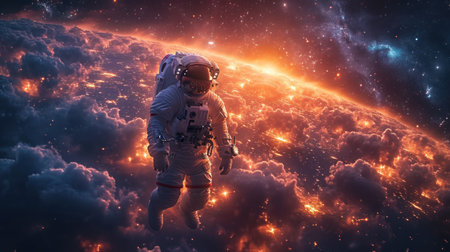 Astronaut spaceman do spacewalk while working for space station in outer space. Mixed mediaの素材