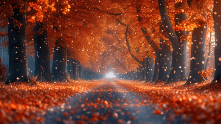 a road in the middle of a forest with lots of trees and leaves on both sides of the road and a light at the end of the road in the middle. .の素材