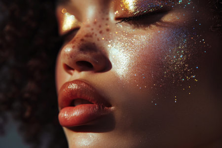Close-up portrait of a beautiful young african american woman with sparkles on her faceの素材