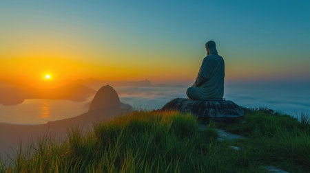 a person sitting on top of a hill overlooking a body of water with the sun setting in the sky above the clouds and the mountains in the distance is a body of water in the foreground. .の素材