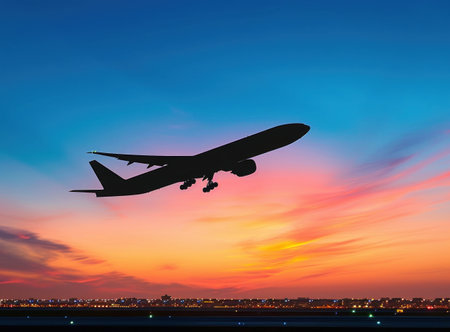 Silhouette of airplane flying in the sky at sunset background.の素材