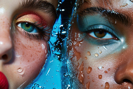 a close up of a woman&#39;s face next to another woman&#39;s face with water splashing on her face and the woman&#39;s face behind her. .の素材