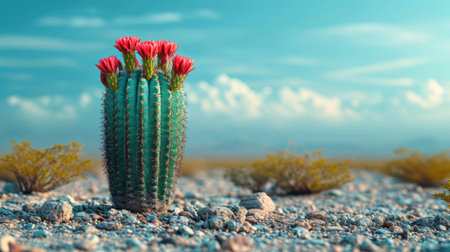 Cactus in the desert with a blue sky and clouds background.の素材