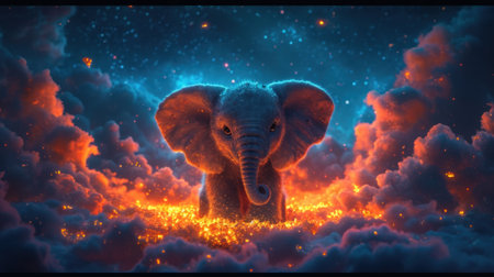Fantasy illustration of an elephant in a surreal landscape with fire and smokeの素材