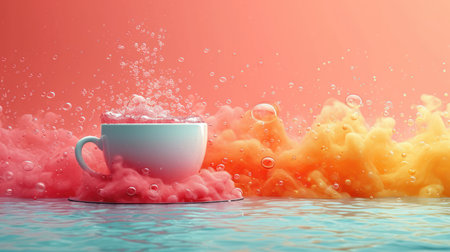 Coffee cup with splashes and drops on a colorful backgroundの素材