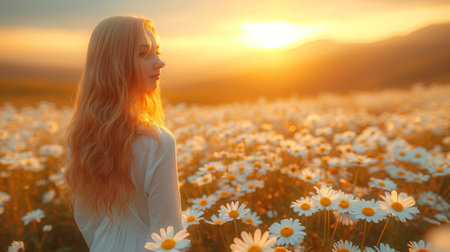 Young woman in chamomile field at sunset. Beautiful girl with flowers.の素材