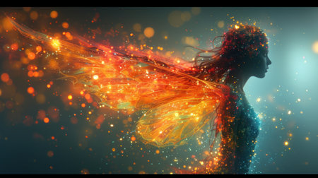 Fantasy woman with wings and fire effect. 3d illustration.の素材